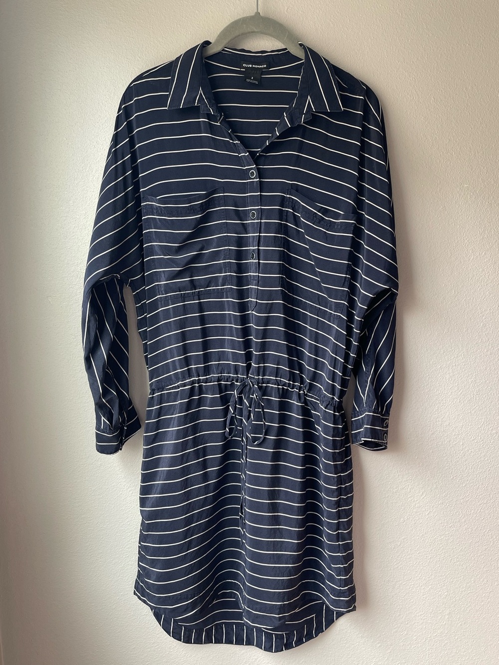 100% Silk Club Monaco Pencil Striped Button Up Drawstring Shirt Dress